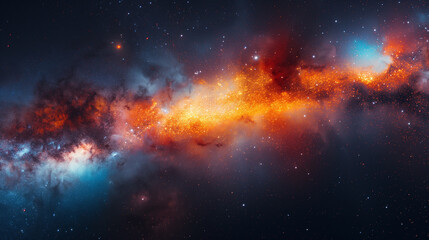 Space background, nebula star formation in deep space with fiery orange gas cloud and blue glow