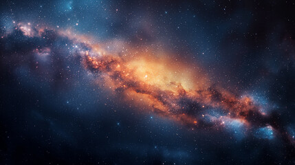 Space background, nebula with orange, yellow and blue glow through deep space
