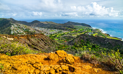 View of Koko Crater from the summit of Koko Head Stairs trail. Oahu island in Hawaii, United States