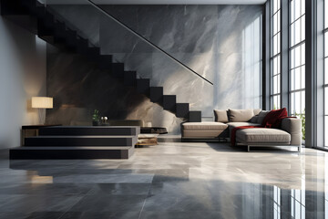 Luxury living room with marble floor and cantilever with stair case. Modern minilamist design - obrazy, fototapety, plakaty