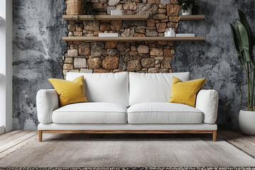 A white couch with yellow pillows sits in front of a brick wall. The room is clean and simple, with a potted plant and a vase on a shelf. Loft interior design of modern living room, home.