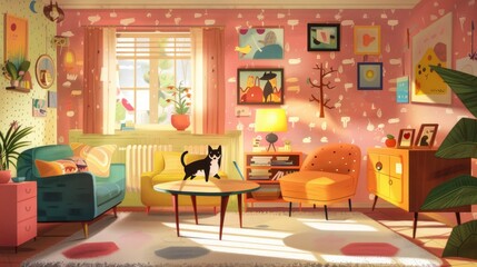 Cozy retro-styled living room bathed in warm sunlight with colorful furniture, plants, decor, and a black cat on the table.