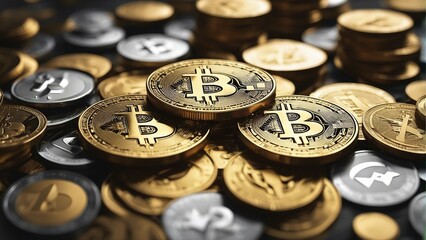 Cryptocurrency concept , Bitcoin. Crypto currency Gold Bitcoin, BTC, Bit Coin. Macro shot of Bitcoin coins isolated on black background Blockchain technology, bitcoin mining concept. Generative AI.