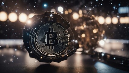 Cryptocurrency concept , Bitcoin. Crypto currency Gold Bitcoin, BTC, Bit Coin. Macro shot of Bitcoin coins isolated on black background Blockchain technology, bitcoin mining concept. Generative AI.