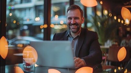 Celebratory Businessman with Laptop in Blurred Urban Environment, Celebratory, businessman, laptop, blurred urban environment - obrazy, fototapety, plakaty