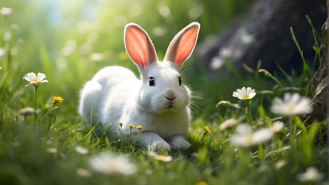 "Delight in the charm of a white bunny enjoying a sunny summer holiday amidst lush greenery. The bunny basks in the warmth of the summer sun, its fur gleaming like freshly fallen snow against the verd
