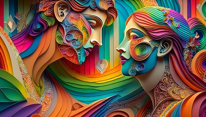 Fototapeta na wymiar Romeo and Juliet Multicolored Geometric Rainbow in Layered Paper Style Ai Generated