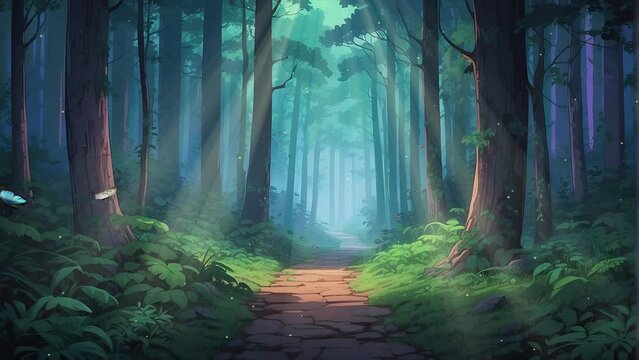 Immersive 4k video footage capturing the tranquil ambiance of a pathway amidst the lush greenery of a forest landscape.





