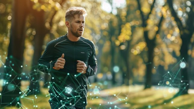 A man running through a park with a digital network overlay, symbolizing technology-enhanced health or fitness tracking. - Powered by Adobe