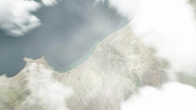 Earth zoom in from space to Benguela, Angola. Followed by zoom out through clouds and atmosphere into space. Satellite view. Travel intro. Images from NASA