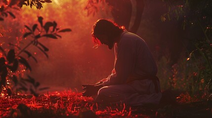 Jesus Kneeling Down and Praying at Night in Garden, Jesus, kneeling down, praying, garden