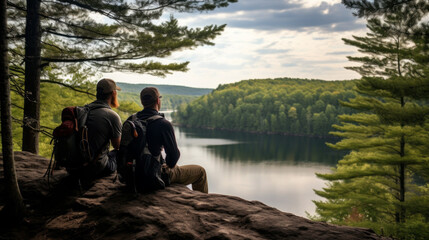 Two men are sitting on a rock overlooking a lake - Powered by Adobe