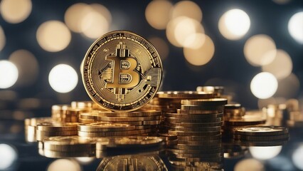 Cryptocurrency concept , Bitcoin. Crypto currency Gold Bitcoin, BTC, Bit Coin. Macro shot of Bitcoin coins isolated on black background Blockchain technology, bitcoin mining concept. Generative AI.