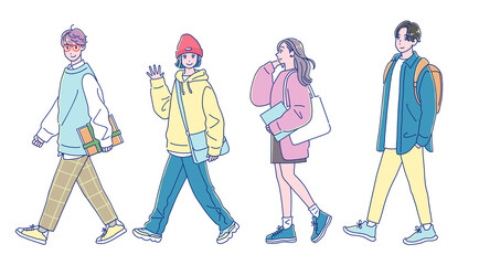 笑顔で歩く若い男女の学生