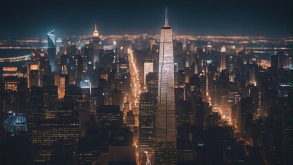 Generative AI. skyscrapers illuminated at dusk, New York skyline. IT building, IT hub, Business hub, media city, metropolitan town.   - obrazy, fototapety, plakaty