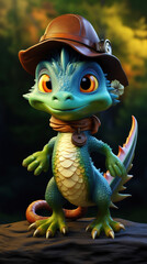 A cartoonish green lizard with a brown hat and a scarf around its neck. The lizard is smiling and he is happy