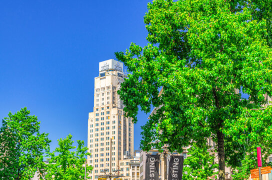 Antwerp, Belgium, July 7, 2023: Boerentoren Farmers Tower KBC Tower Torengebouw van Antwerpen high-rise building Art Deco Architectural style in Antwerp historical city centre