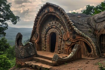 : A traditional African hut with a unique architecture and intricate details
