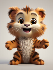 A cartoon tiger is smiling and waving at the camera. The image has a playful and cheerful mood, with the tiger's big eyes and fluffy fur adding to its cuteness