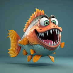 A cartoon fish with a big mouth and orange fins. The fish is smiling and has a happy expression