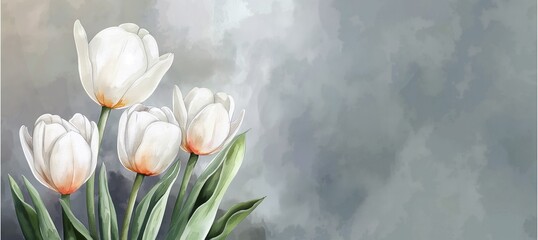 Watercolor painting of white tulips positioned on the left side of the image, with a light gray background.