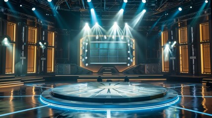 Free stage with lights, lighting devices