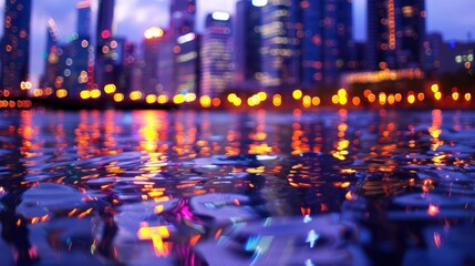 Blurred city skyline reflecting on water surface at twilight, creating a mosaic of bokeh lights...