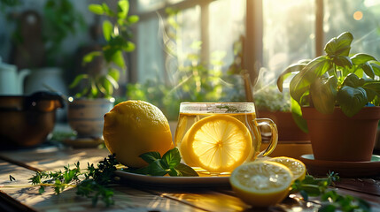 Two glass cups with fresh lemon and ginger tea on kitchen table with ginger root, herbs and kitchen utensils at window background. Healthy homemade tea with vitamin c in wintertime. Front view. - obrazy, fototapety, plakaty