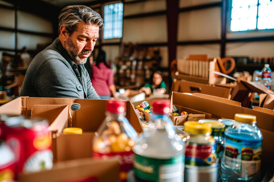 Homme pr&eacute;parant des colis alimentaires dans une &eacute;picerie solidaire