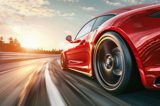 Red supercar speeding on high-speed highway curve with motion speed on sunny day