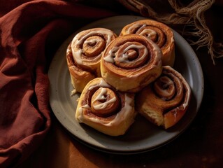 Close-up photograph of plate of homemade cinnamon rolls with icing on top. Cinnamon rolls arranged in circular pattern on plate. 5 cinnamon rolls on plate. Background dark brown surface.