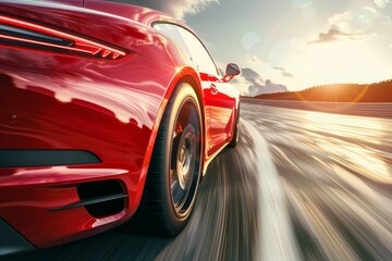 Bright red super sports car swiftly maneuvering on high-speed highway in sunlight