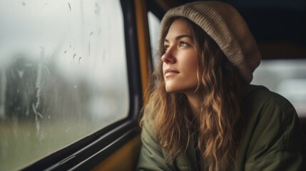 Obraz premium A woman with long hair is sitting in a car window