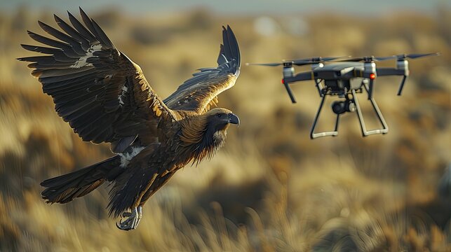 Witness a condor soaring in harmony with a drone, blending nature with tech for aerial prowess in photography and surveillance.