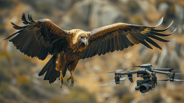 Witness the harmonious blend of nature and technology as a condor soars beside a drone, symbolizing innovation in aerial services.