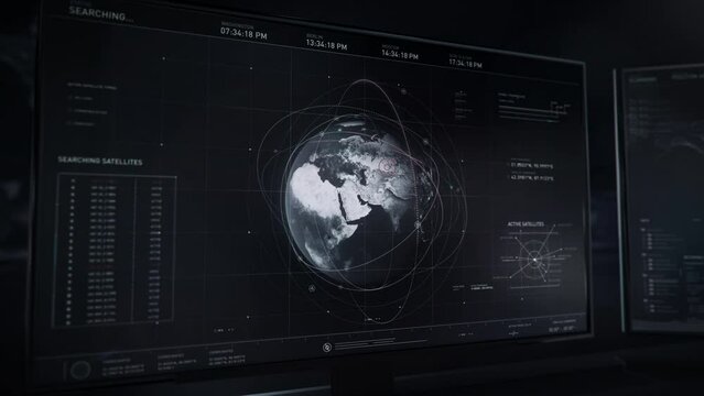 Defense forces gaining access to military satellites around the world. Searching for suspicious signals. Receiving new data from Kazakhstan. Running analysis. Computer screen close-up. User interface.
