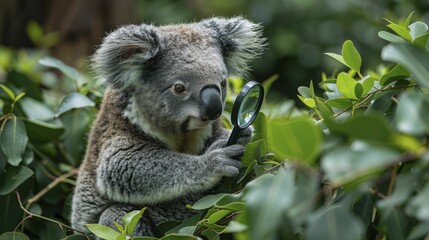 Fototapeta premium Inquisitive koala studies leaves closely, symbolizing curiosity and precision in ecology research and education.