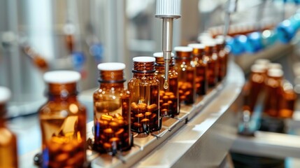 A pharmaceutical production line with amber glass bottles being filled with medicine, showcasing industrial automation in the medical industry.