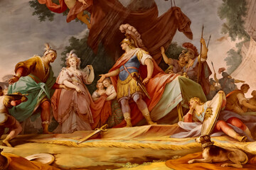 Particolare del dipinto presente nella sala Alessandro della Reggia di Caserta che raffigura il matrimonio di Alessandro e Roxane - obrazy, fototapety, plakaty