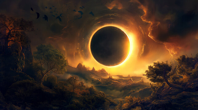 A solar eclipse in a fantasy landscape, illustration