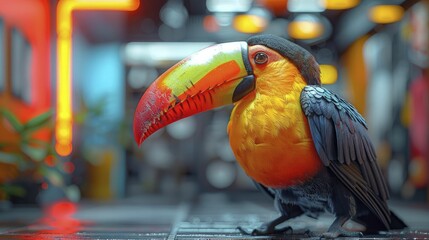 Naklejka premium A vibrant toucan inspires artists in a creative studio, embodying innovation and color in advertising.