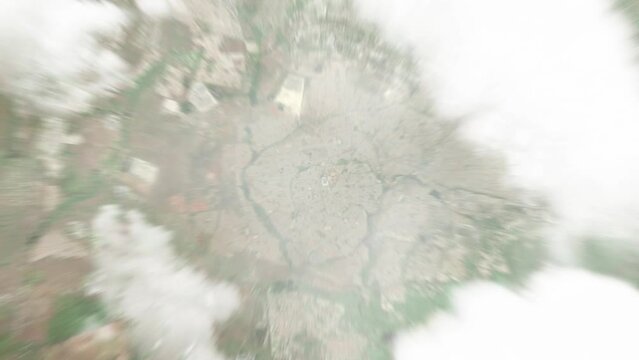 Earth zoom in from space to Soweto, South Africa. Followed by zoom out through clouds and atmosphere into space. Satellite view. Travel intro. Images from NASA
