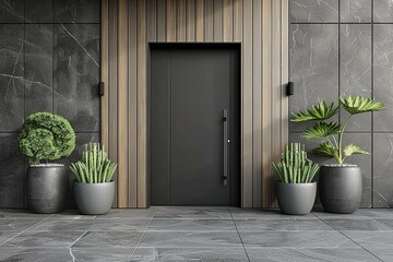 Modern black front door with potted plants on fa?ade of stylish contemporary building