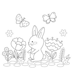 Cute rabbit among flowers and butterflies. Cartoon rabbit in nature. Simple childish coloring book. Kids vector illustration.