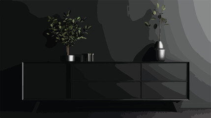 Black sideboard in black living room with copy space