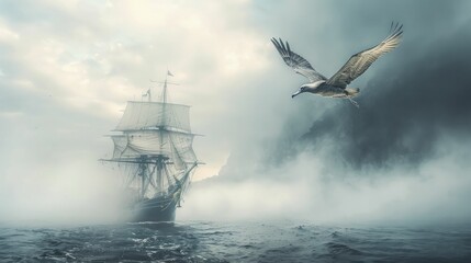 Albatross with a compass and map under its wing, guiding a ship through foggy seas, representing strategic guidance and expert navigation in consultancy services. - obrazy, fototapety, plakaty