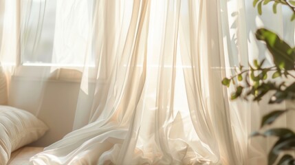 Sunlight streaming through sheer curtains onto cozy bedroom interior with a hint of greenery. Peaceful, soft, and warm ambience.