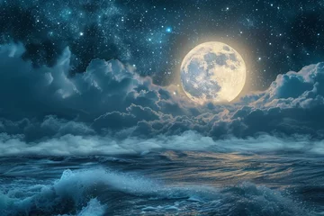 Poster Full blue moon rising over tranquil sea at night with cloudy sky and serene water © Daria