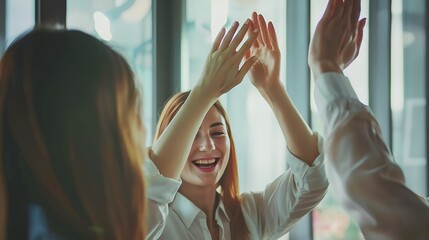 Businesswoman Celebrating Success with High Fives from Colleagues, Businesswoman, celebrating, success, high fives - obrazy, fototapety, plakaty