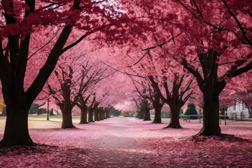 Peaceful Park pink trees leaves. Tunnel beautiful. Generate Ai